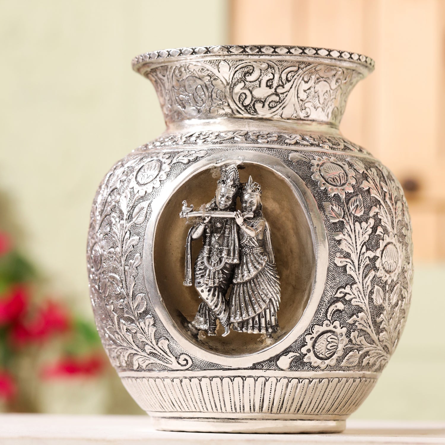 Silver-Plated Brass Radha Krishna Kodam / Kalash (8 Inch)