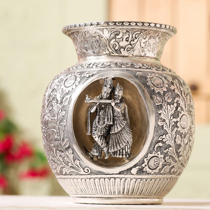 Silver-Plated Brass Radha Krishna Kodam / Kalash (8 Inch)