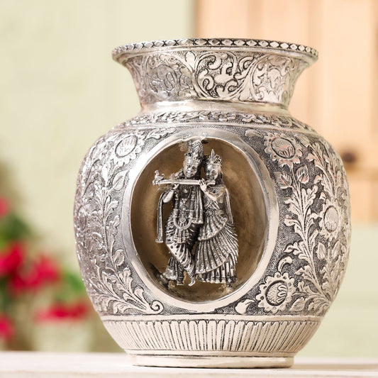 Silver-Plated Brass Radha Krishna Kodam / Kalash (8 Inch)