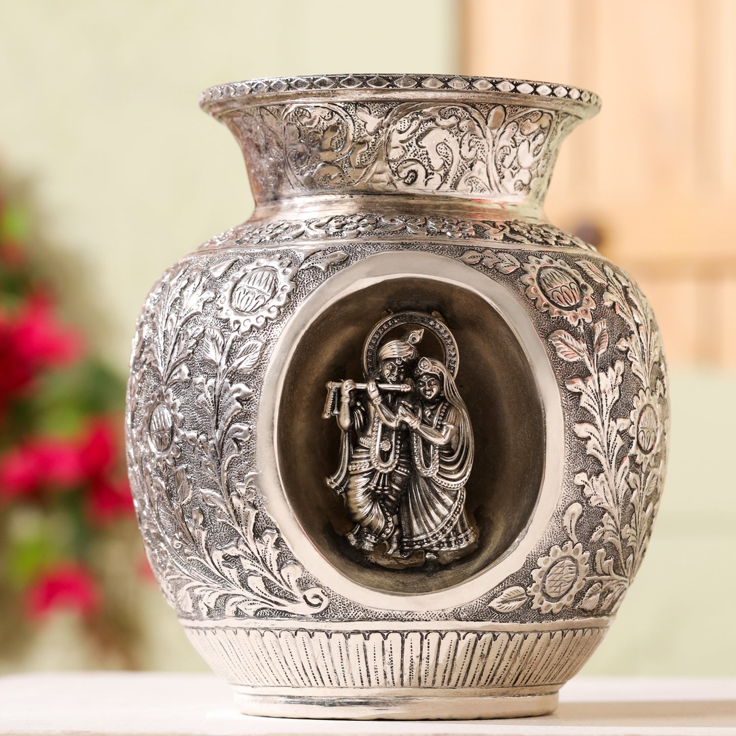 Silver-Plated Brass Radha Krishna Kodam / Kalash (8 Inch)