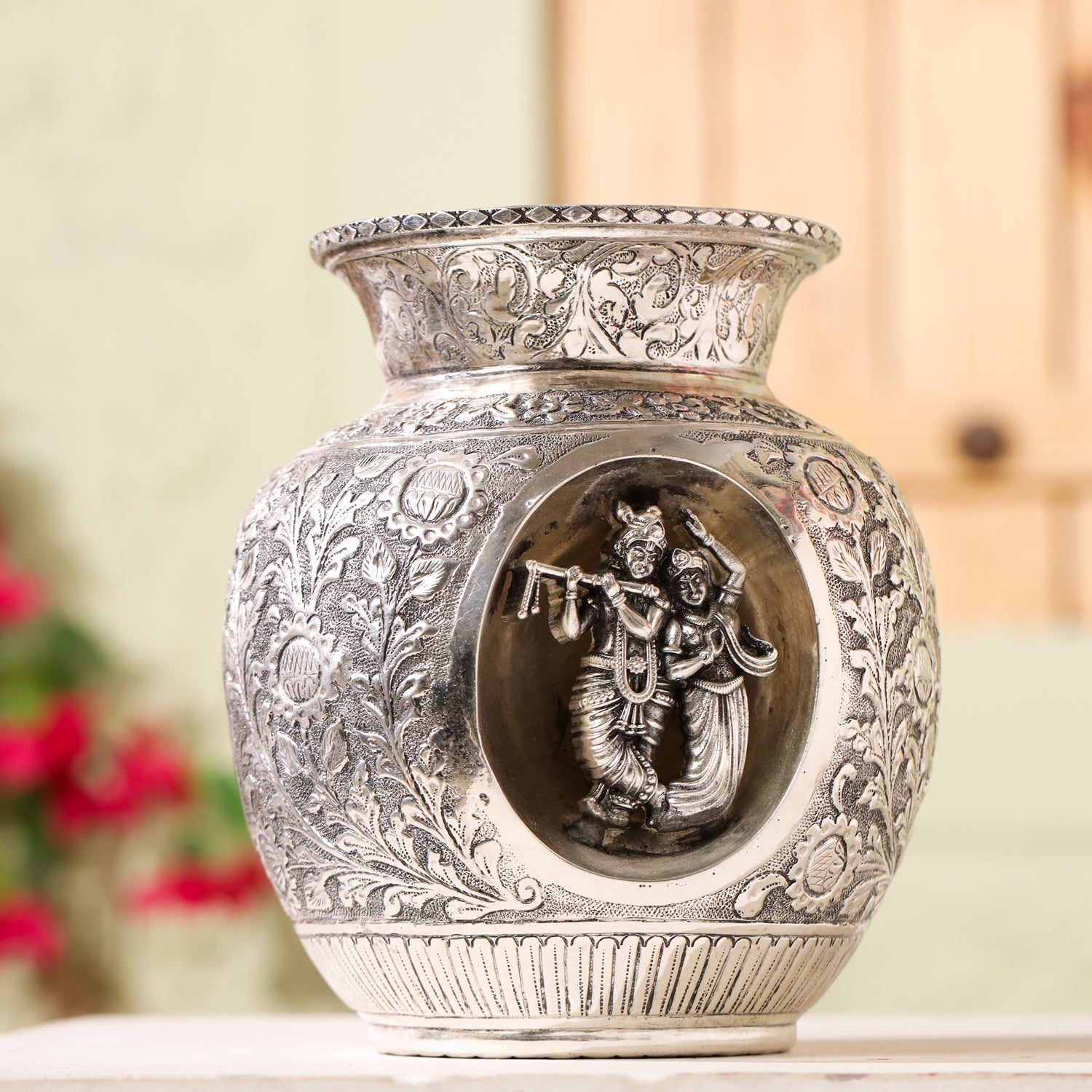 Silver-Plated Brass Radha Krishna Kodam / Kalash (8 Inch)