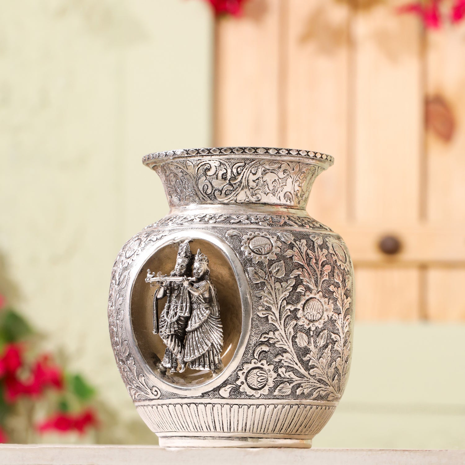 Silver-Plated Brass Radha Krishna Kodam / Kalash (8 Inch)