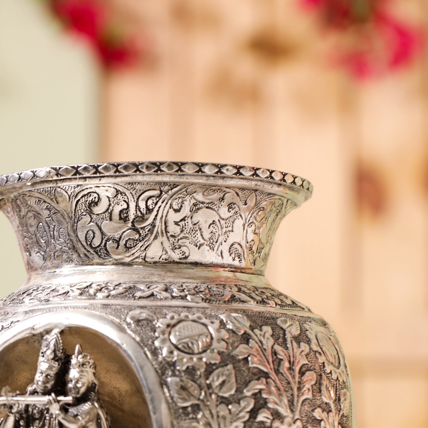 Silver-Plated Brass Radha Krishna Kodam / Kalash (8 Inch)