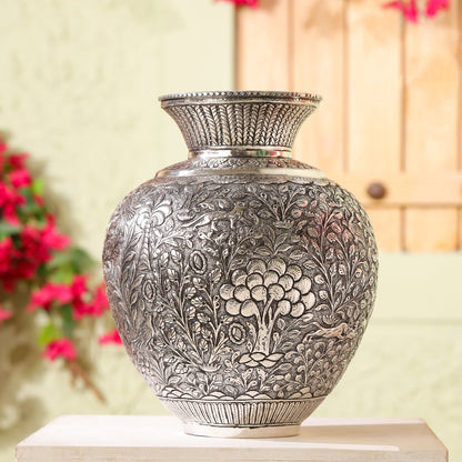 Silver Plated Brass Flower Pot with Floral Design