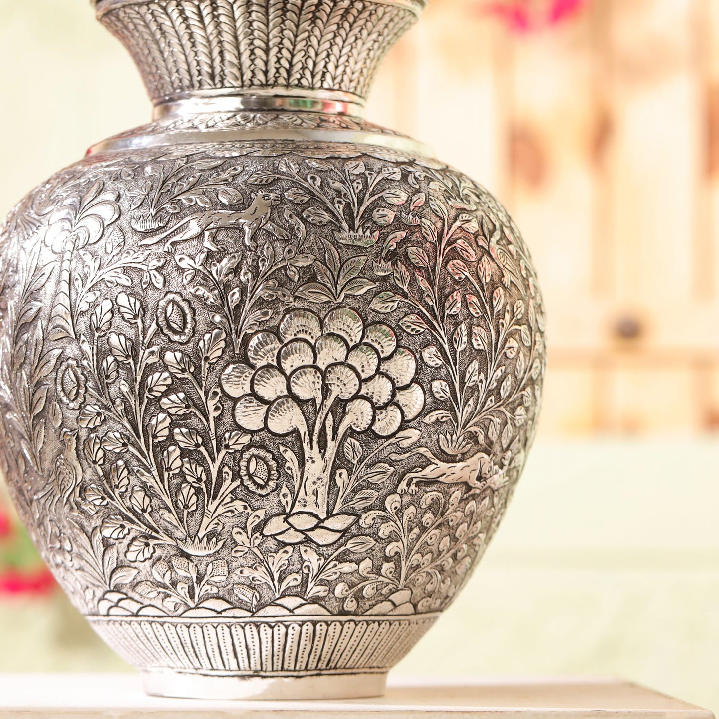 Silver Plated Brass Flower Pot with Floral Design