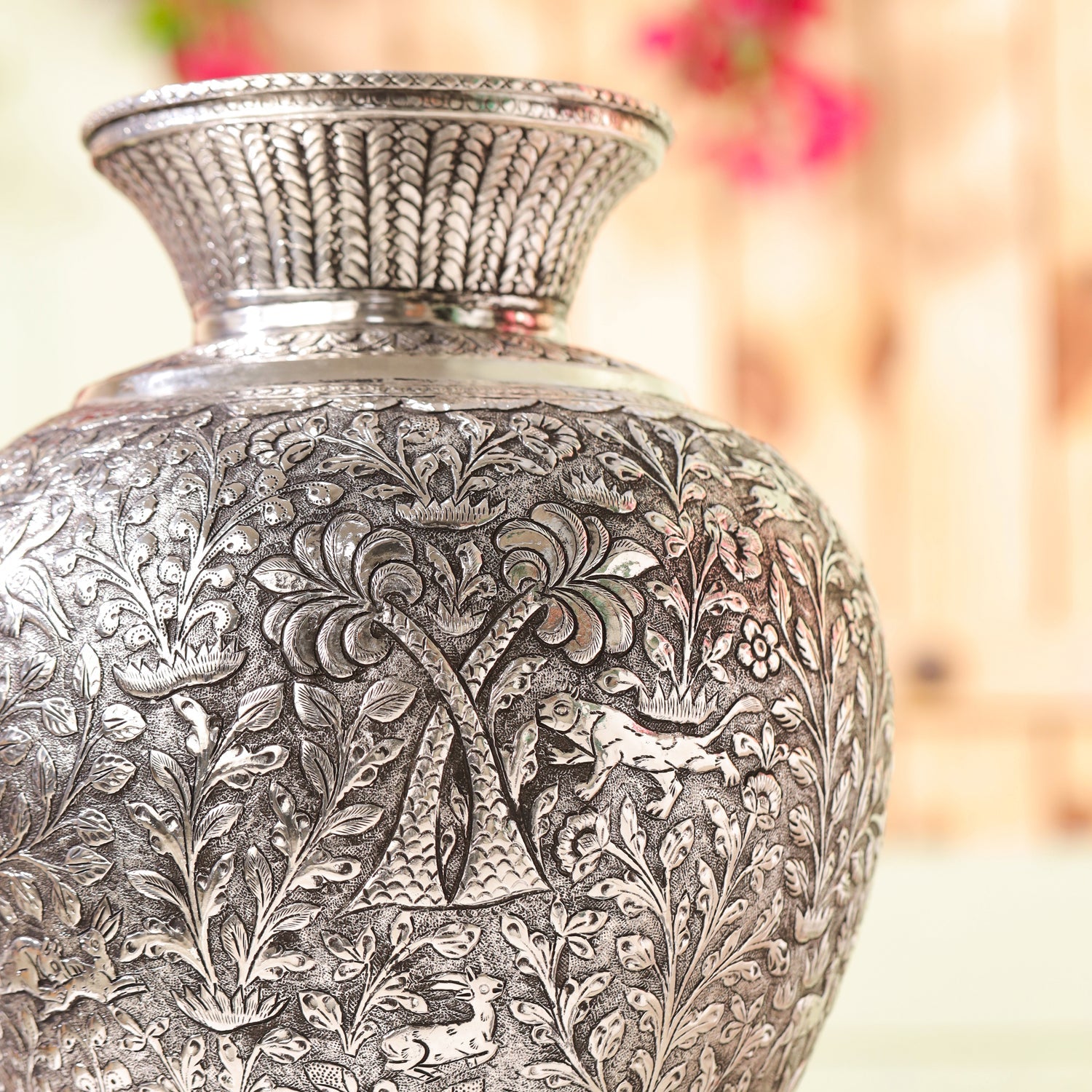 Silver Plated Brass Flower Pot with Floral Design