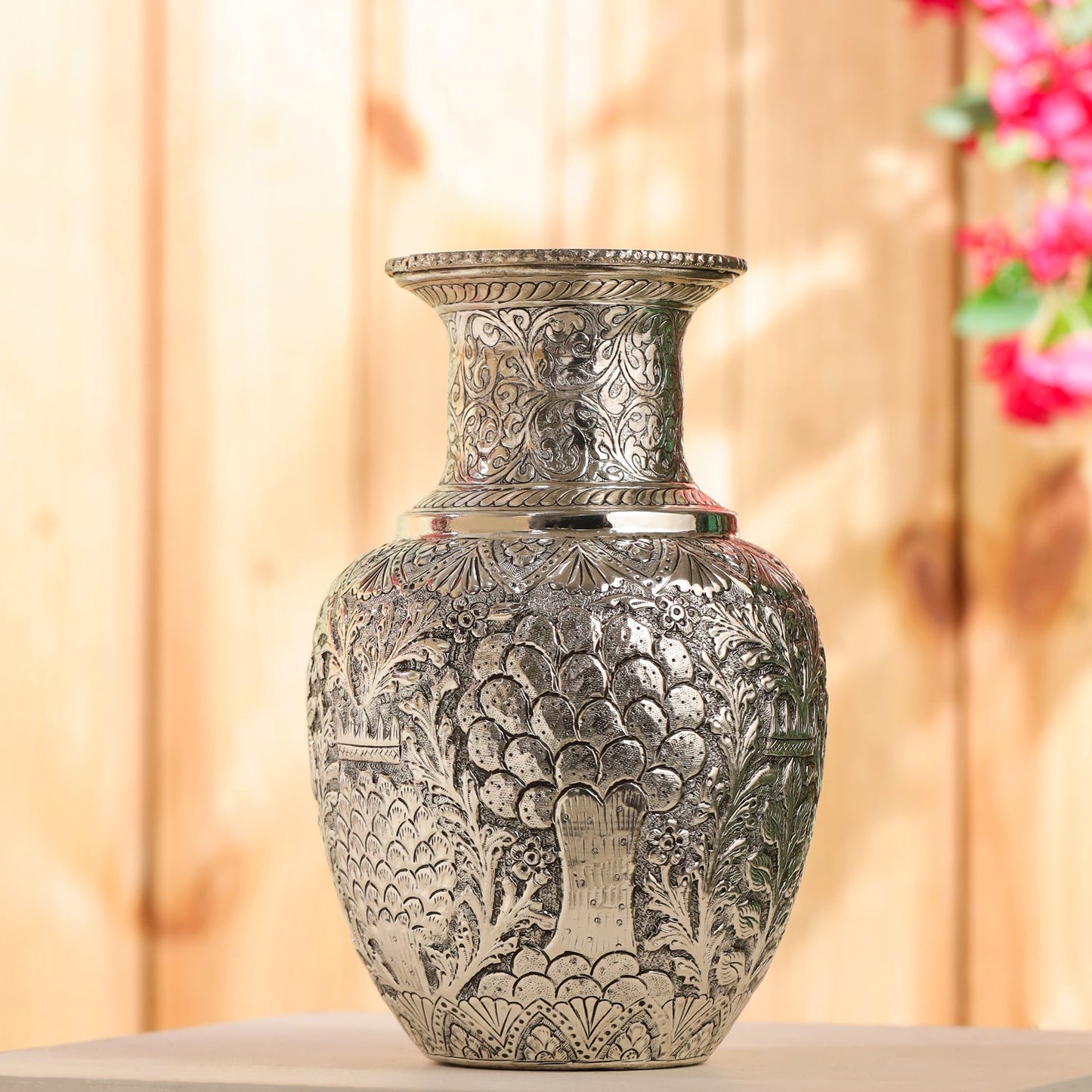 Silver Plated Brass Flower Pot with Floral Design