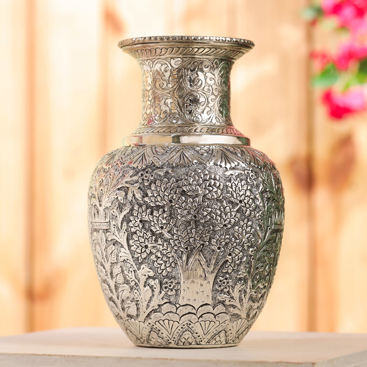 Silver Plated Brass Flower Pot with Floral Design