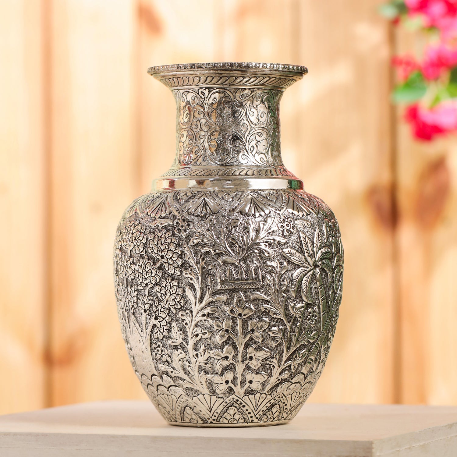 Silver Plated Brass Flower Pot with Floral Design