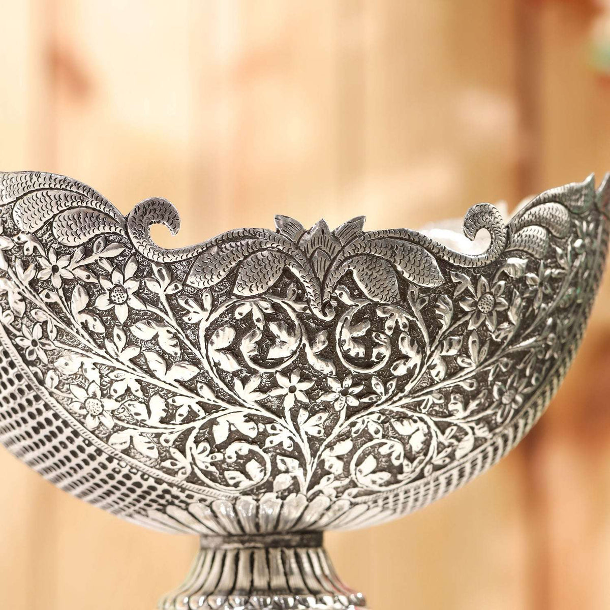 Brass Silver Plated Decorative Basket with Floral Design (7.5 Inch)