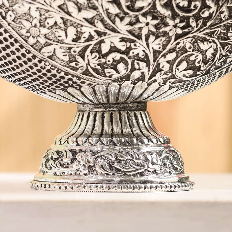Brass Silver Plated Decorative Basket with Floral Design (7.5 Inch)