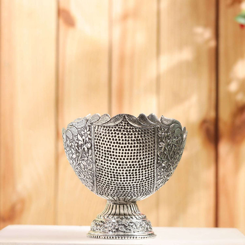Brass Silver Plated Decorative Basket with Floral Design (7.5 Inch)