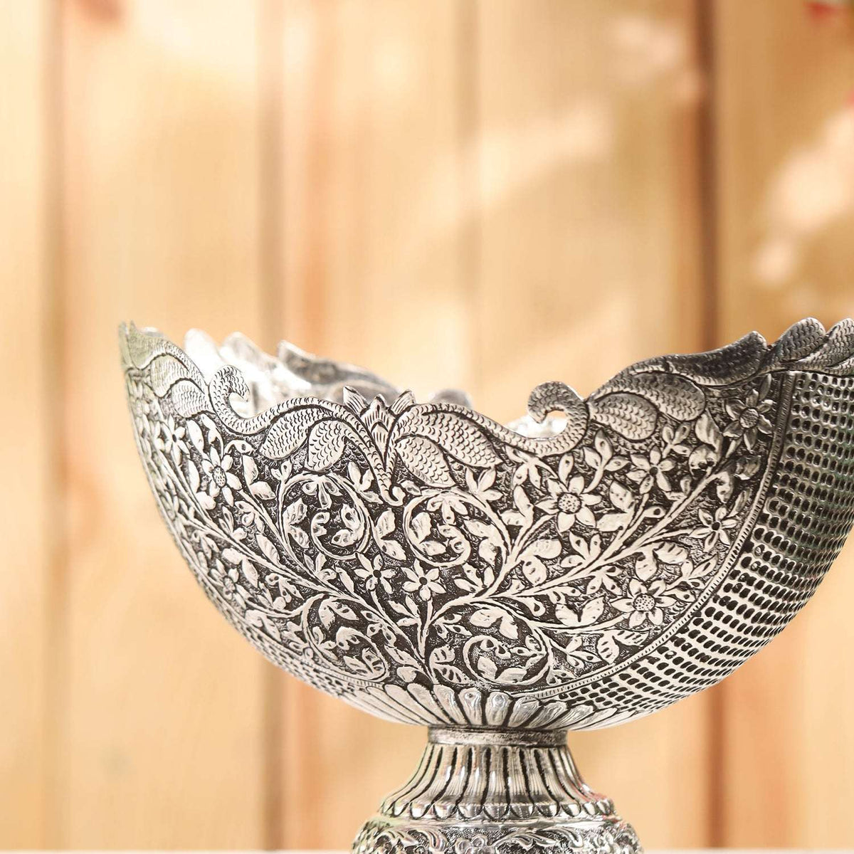 Brass Silver Plated Decorative Basket with Floral Design (7.5 Inch)
