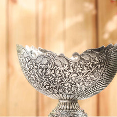 Brass Silver Plated Decorative Basket with Floral Design (7.5 Inch)