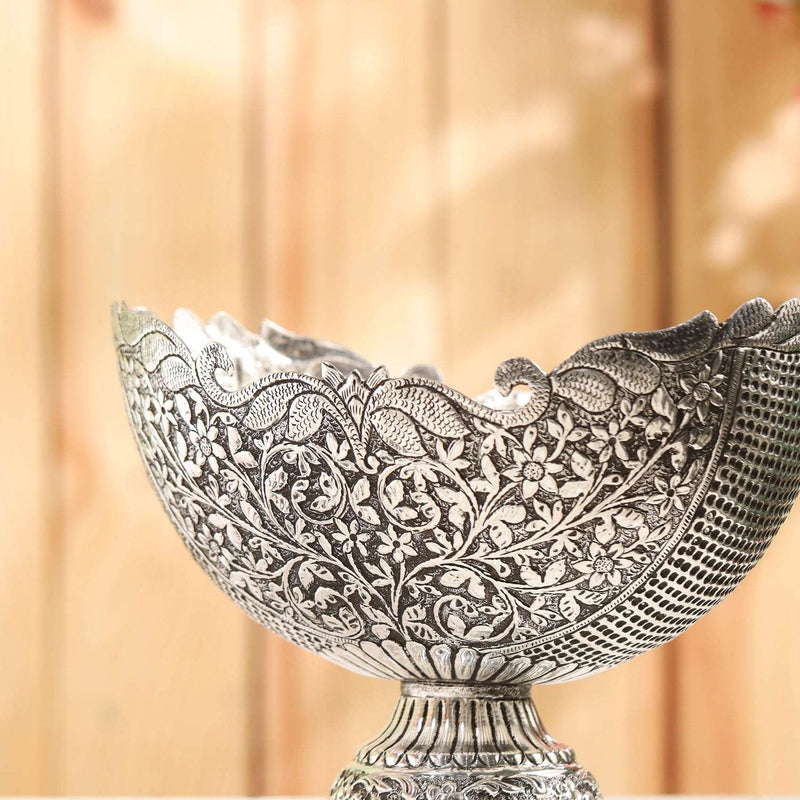 Brass Silver Plated Decorative Basket with Floral Design (7.5 Inch)