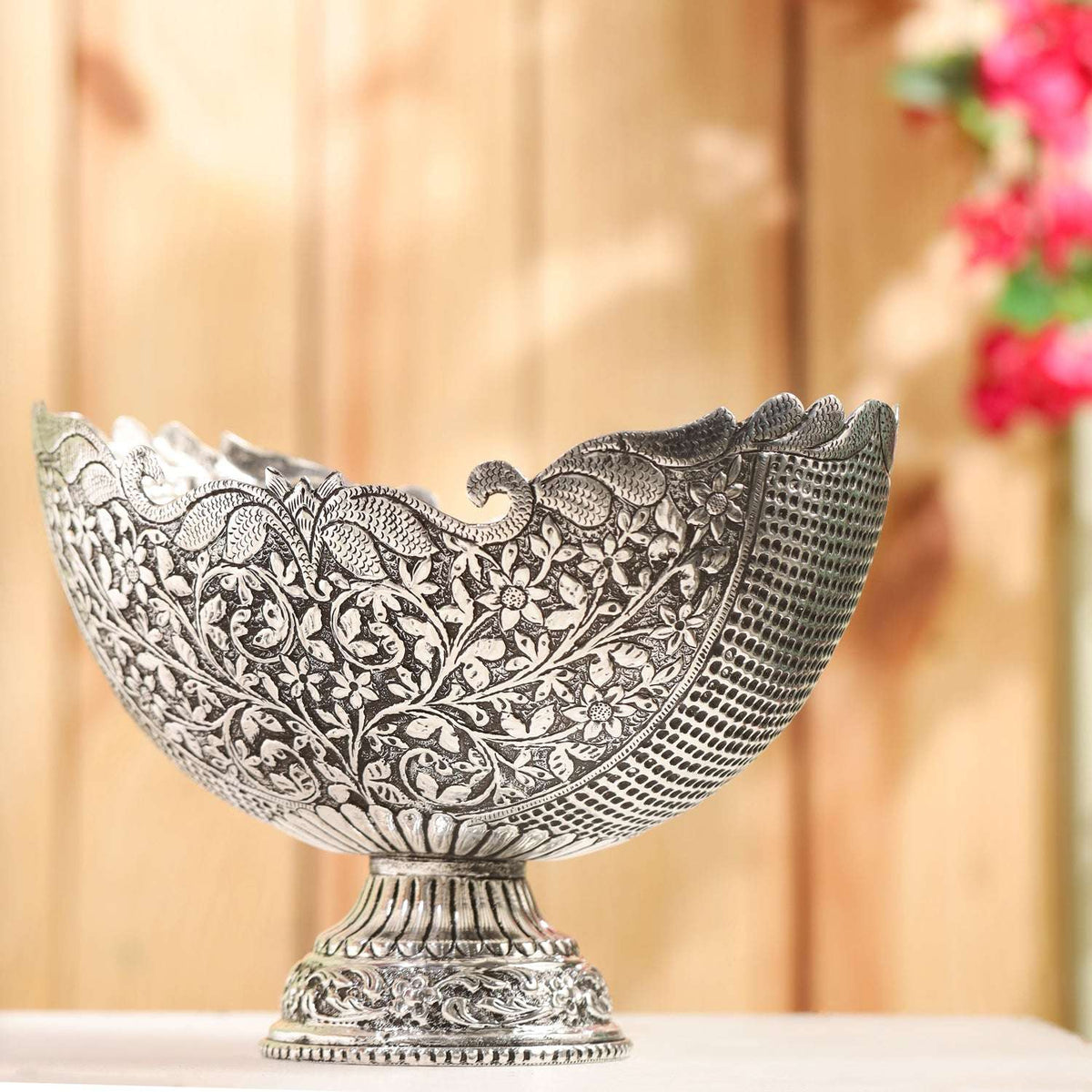 Brass Silver Plated Decorative Basket with Floral Design (7.5 Inch)