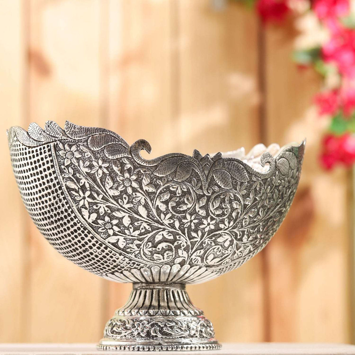 Brass Silver Plated Decorative Basket with Floral Design (7.5 Inch)