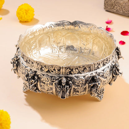 Silver-Plated Brass Dashavatara Urli Bowl With Floral Design (4.8 Inch)