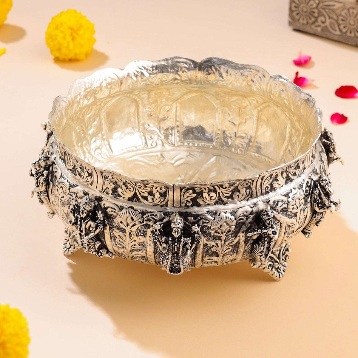 Brass Silver Plated Dashavatara Urli Bowl With Floral Design (4 Inch)