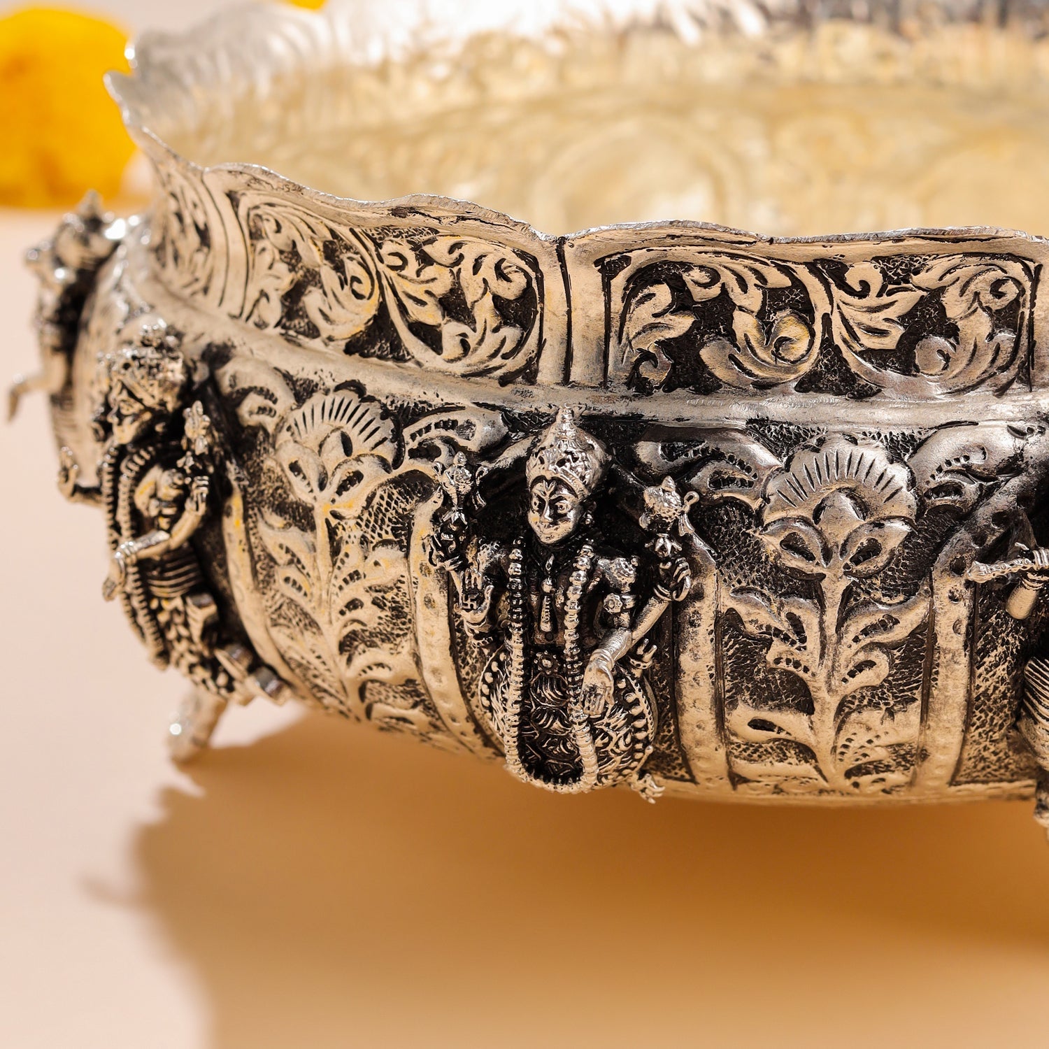 Silver-Plated Brass Dashavatara Urli Bowl With Floral Design (4.8 Inch)