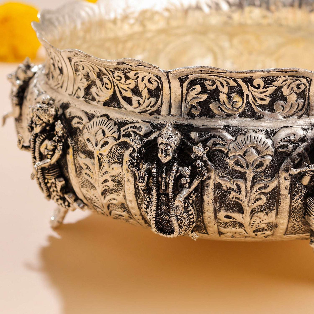Brass Silver Plated Dashavatara Urli Bowl With Floral Design (4 Inch)