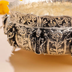 Brass Silver Plated Dashavatara Urli Bowl With Floral Design (4 Inch)