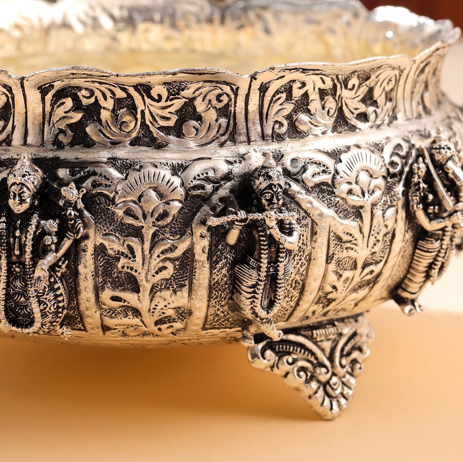 Silver-Plated Brass Dashavatara Urli Bowl With Floral Design (4.8 Inch)