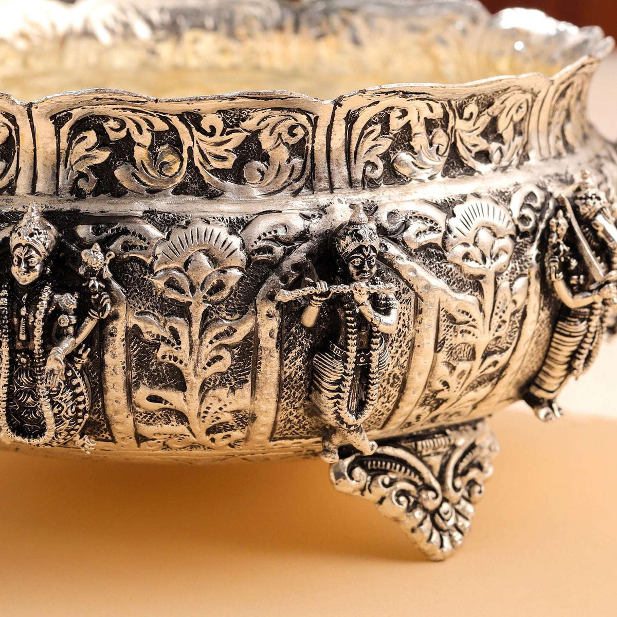 Brass Silver Plated Dashavatara Urli Bowl With Floral Design (4 Inch)