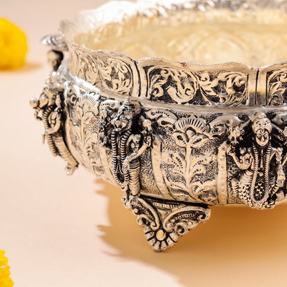 Silver-Plated Brass Dashavatara Urli Bowl With Floral Design (4.8 Inch)