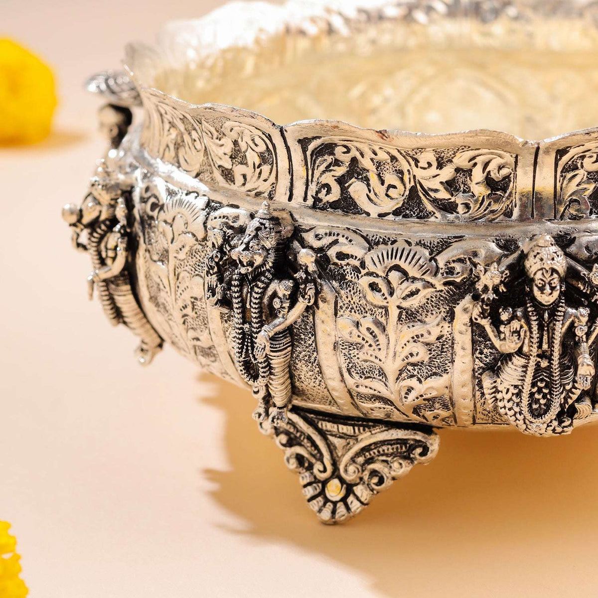 Brass Silver Plated Dashavatara Urli Bowl With Floral Design (4 Inch)
