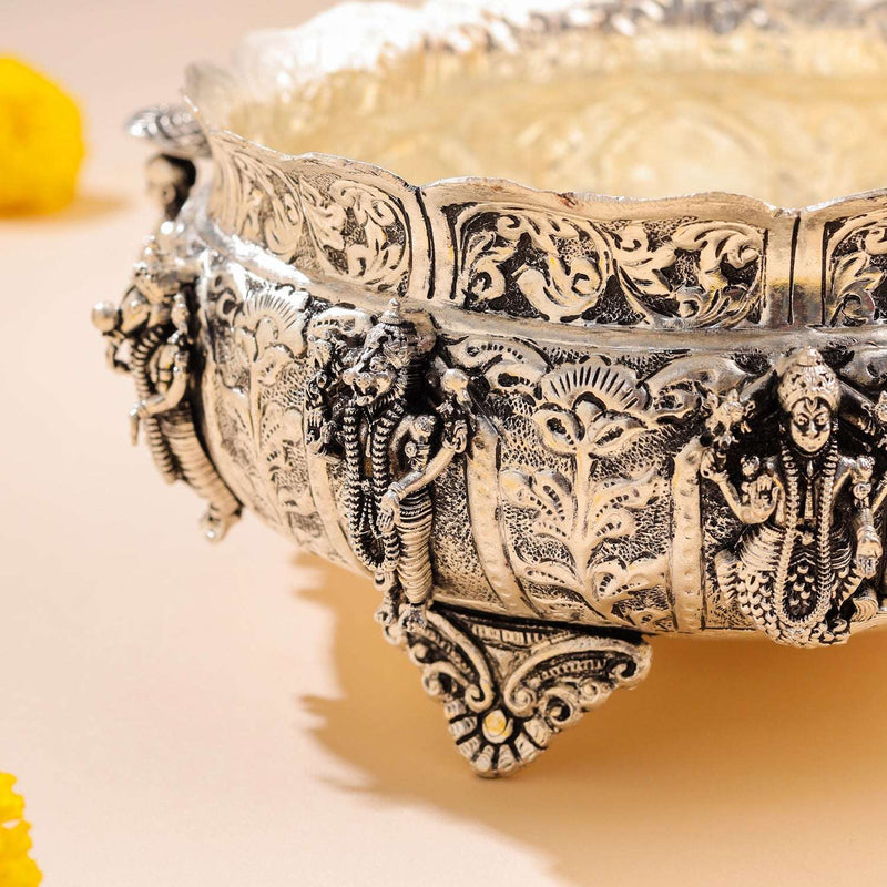 Brass Silver Plated Dashavatara Urli Bowl With Floral Design (4 Inch)