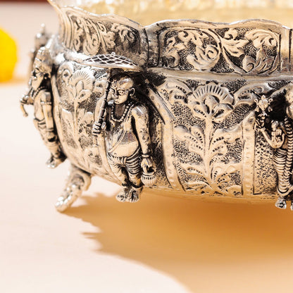 Silver-Plated Brass Dashavatara Urli Bowl With Floral Design (4.8 Inch)