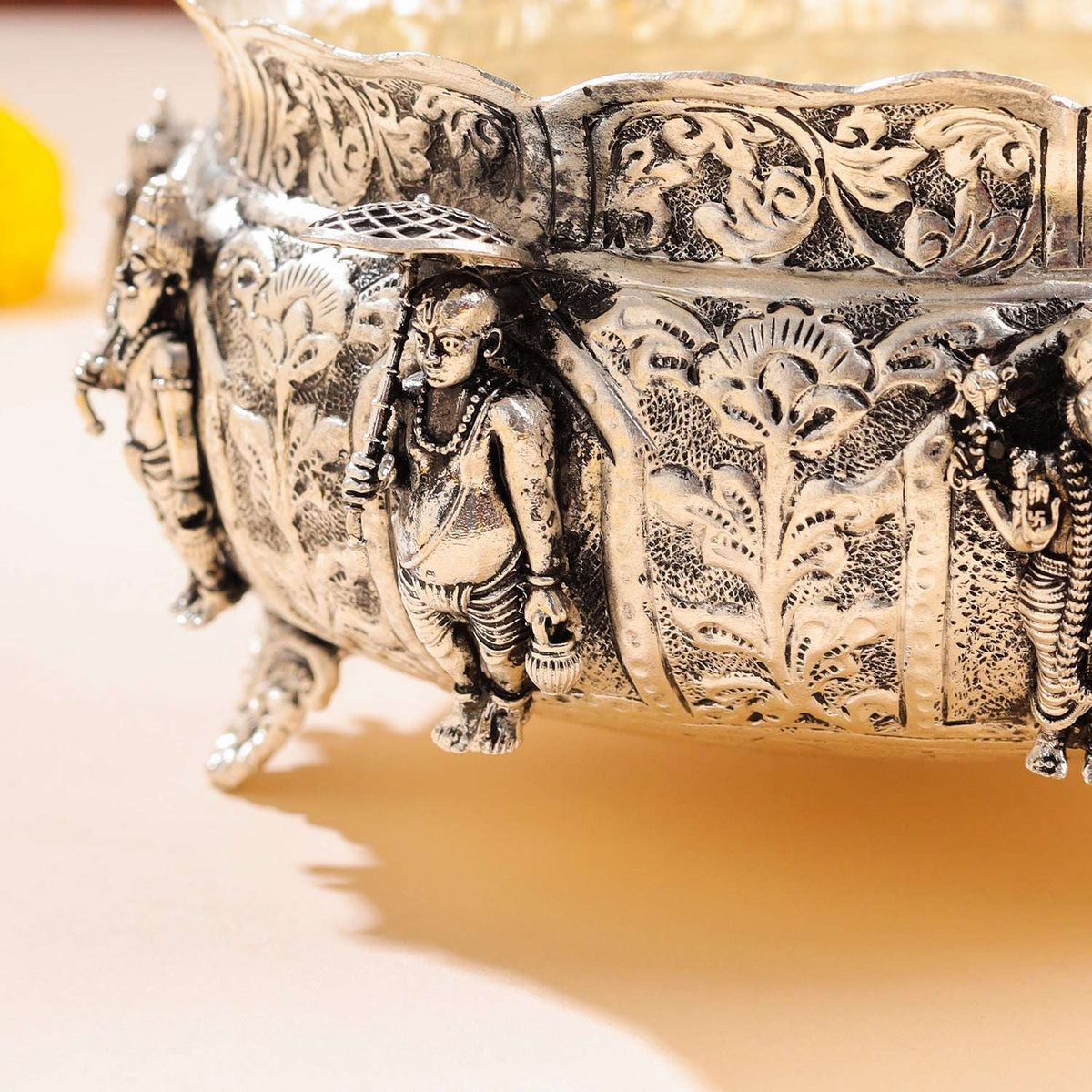 Brass Silver Plated Dashavatara Urli Bowl With Floral Design (4 Inch)