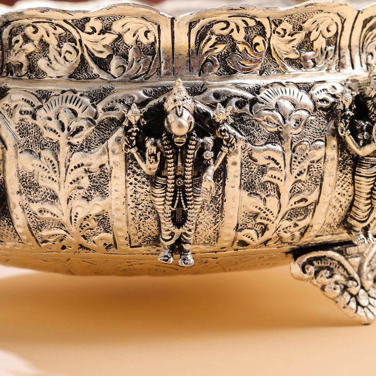 Brass Silver Plated Dashavatara Urli Bowl With Floral Design (4 Inch)