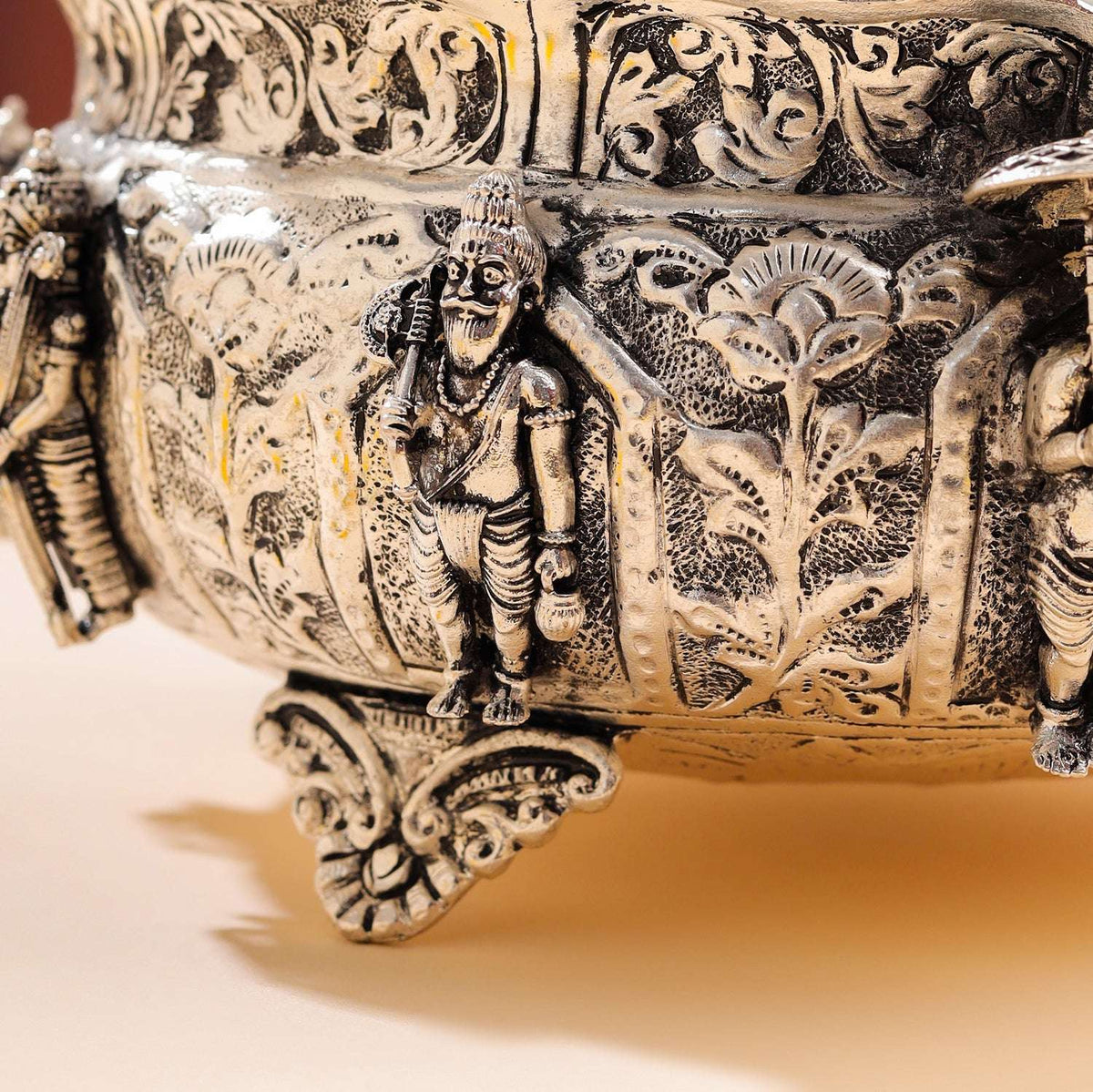 Brass Silver Plated Dashavatara Urli Bowl With Floral Design (4 Inch)