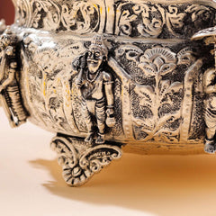Brass Silver Plated Dashavatara Urli Bowl With Floral Design (4 Inch)