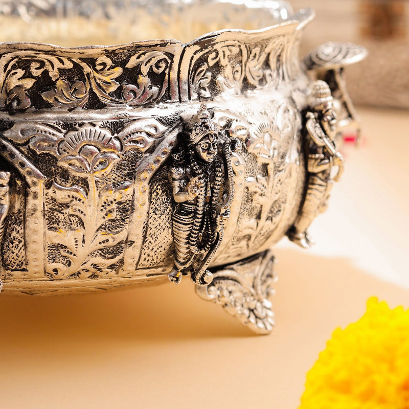 Silver-Plated Brass Dashavatara Urli Bowl With Floral Design (4.8 Inch)