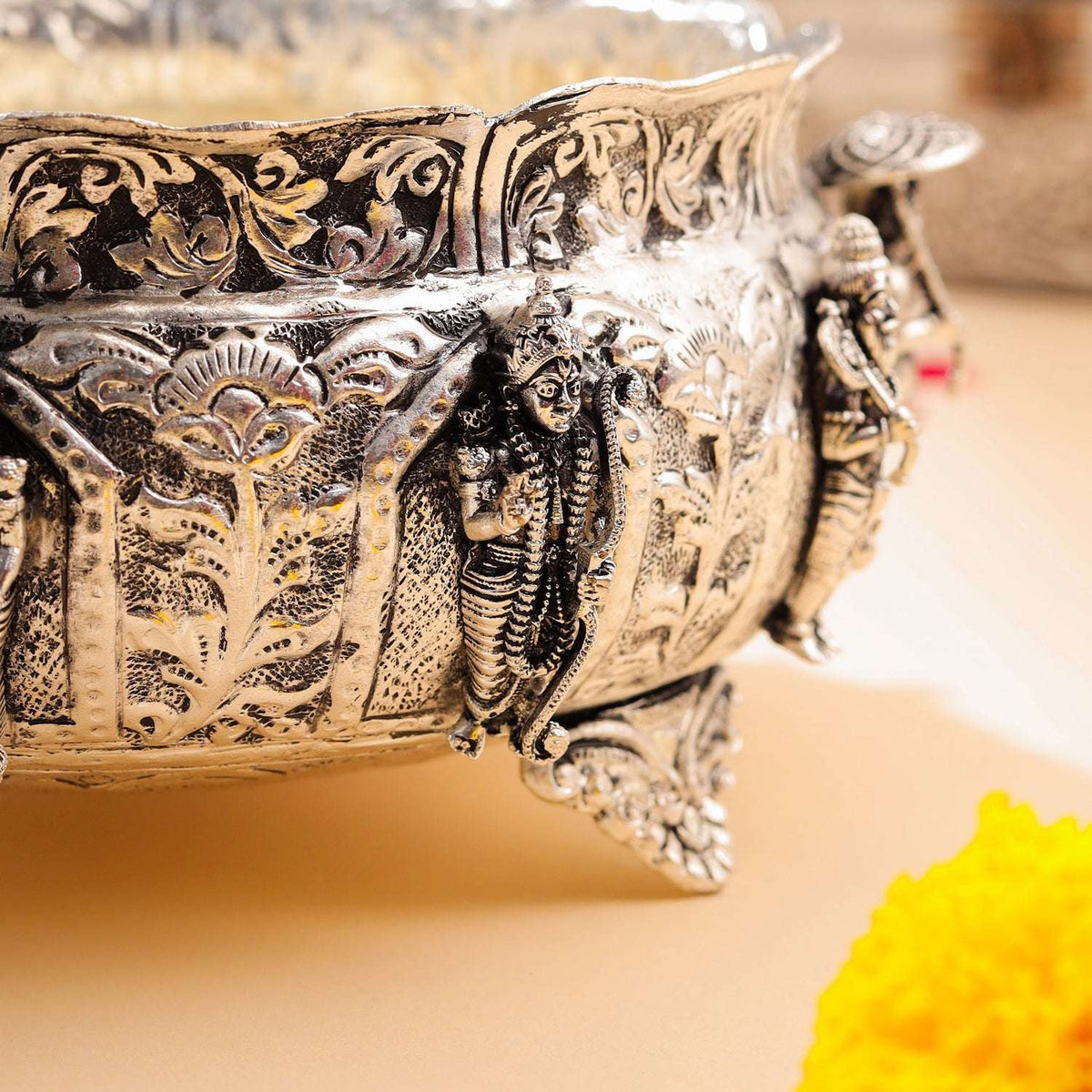 Brass Silver Plated Dashavatara Urli Bowl With Floral Design (4 Inch)