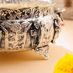 Brass Silver Plated Dashavatara Urli Bowl With Floral Design (4 Inch)