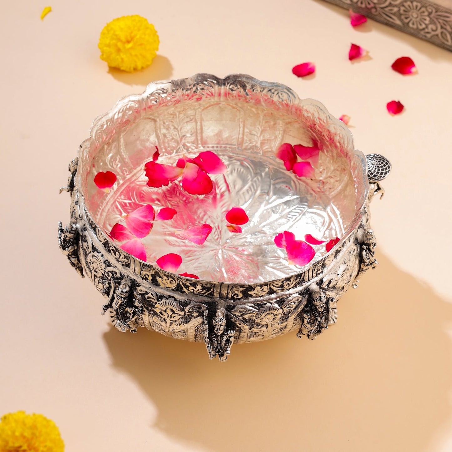 Silver-Plated Brass Dashavatara Urli Bowl With Floral Design (4.8 Inch)