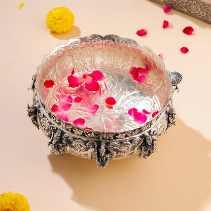 Silver-Plated Brass Dashavatara Urli Bowl With Floral Design (4.8 Inch)