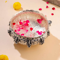 Brass Silver Plated Dashavatara Urli Bowl With Floral Design (4 Inch)