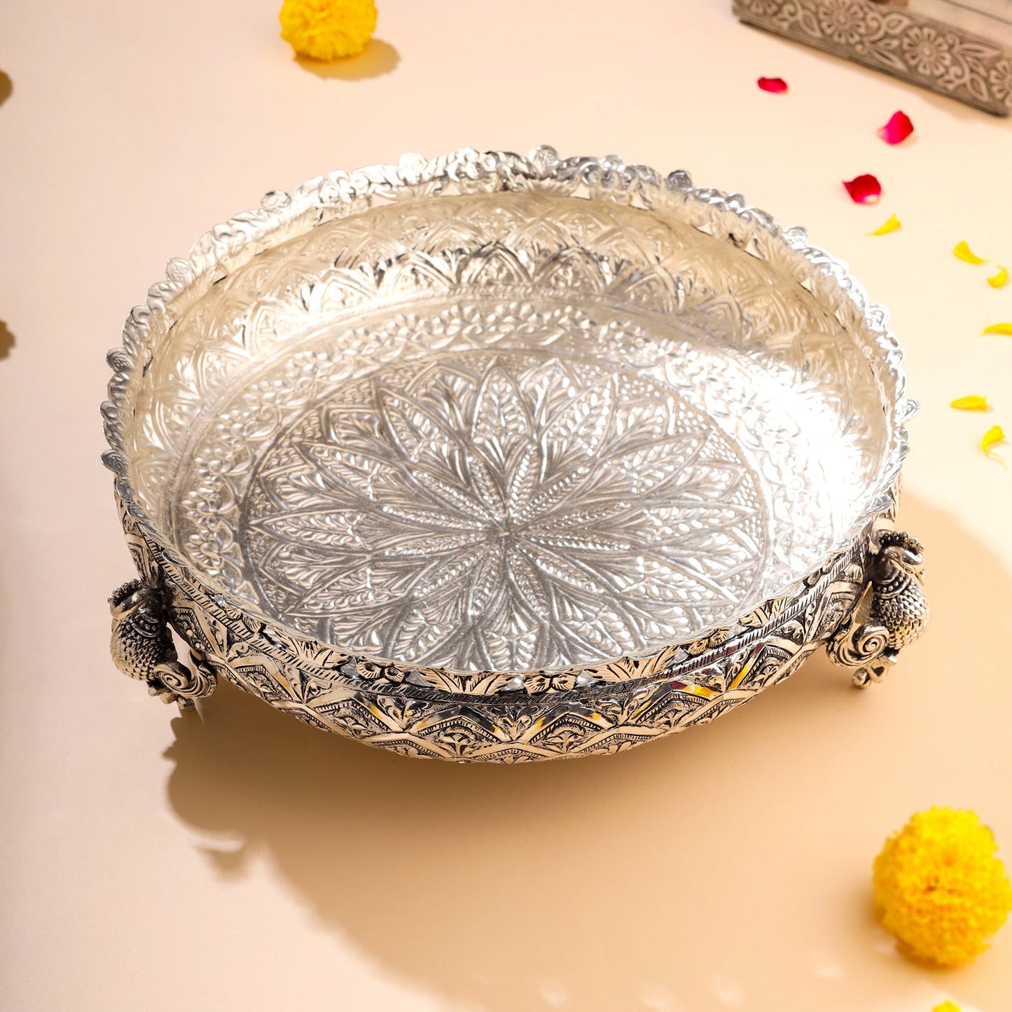 Silver-Plated Brass Peacock Urli Bowl With Floral Design (3.5 Inch)