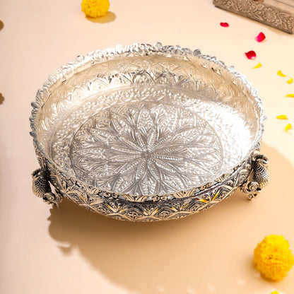 Silver-Plated Brass Peacock Urli Bowl With Floral Design (3.5 Inch)