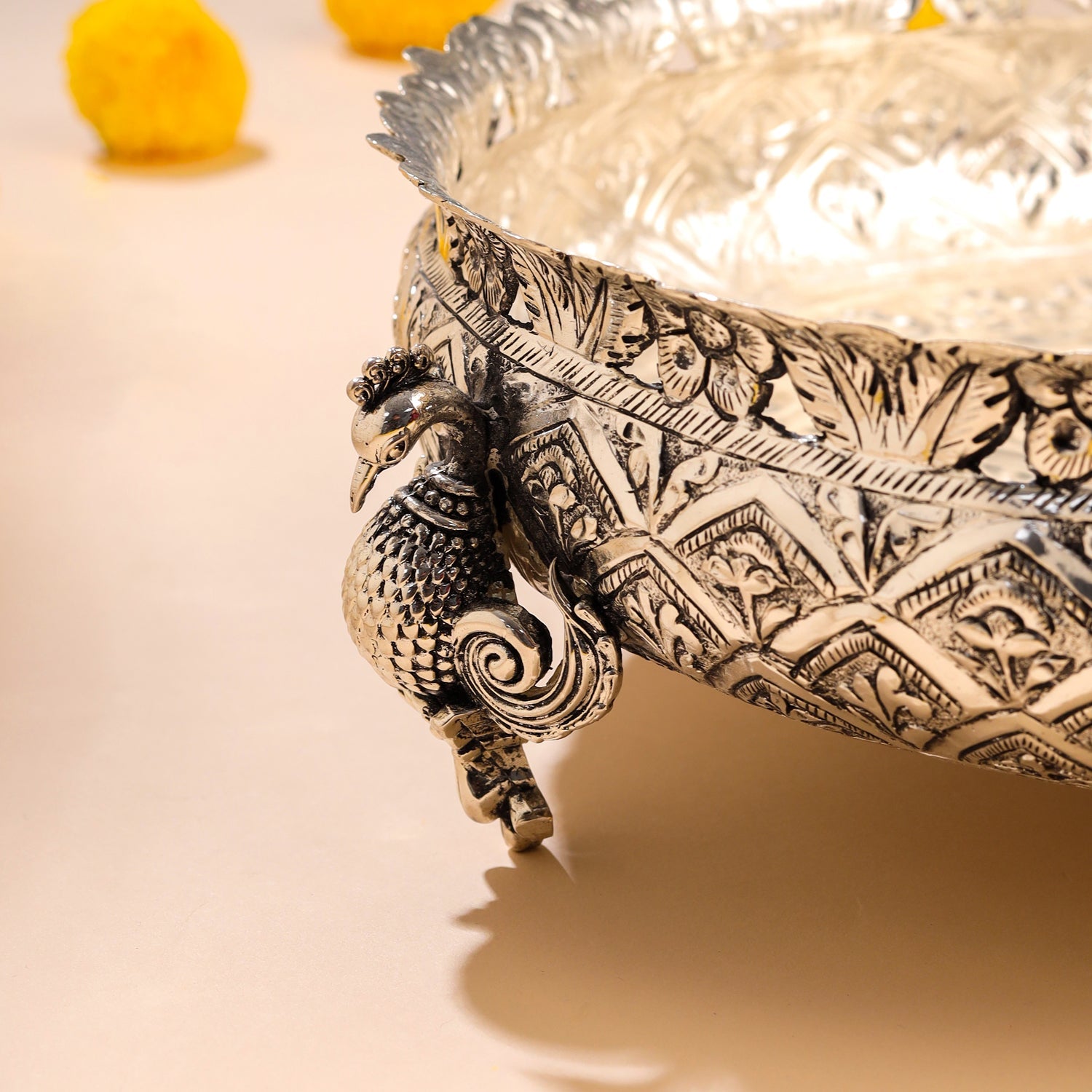 Silver-Plated Brass Peacock Urli Bowl With Floral Design (3.5 Inch)
