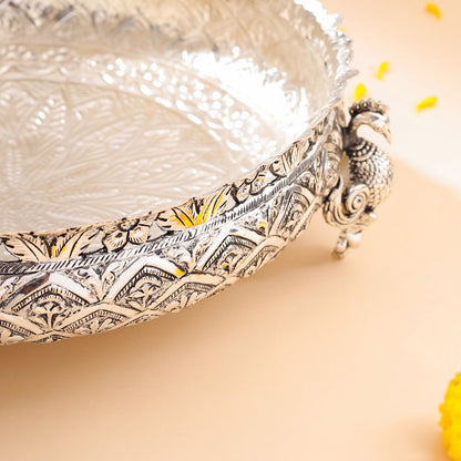 Silver-Plated Brass Peacock Urli Bowl With Floral Design (3.5 Inch)