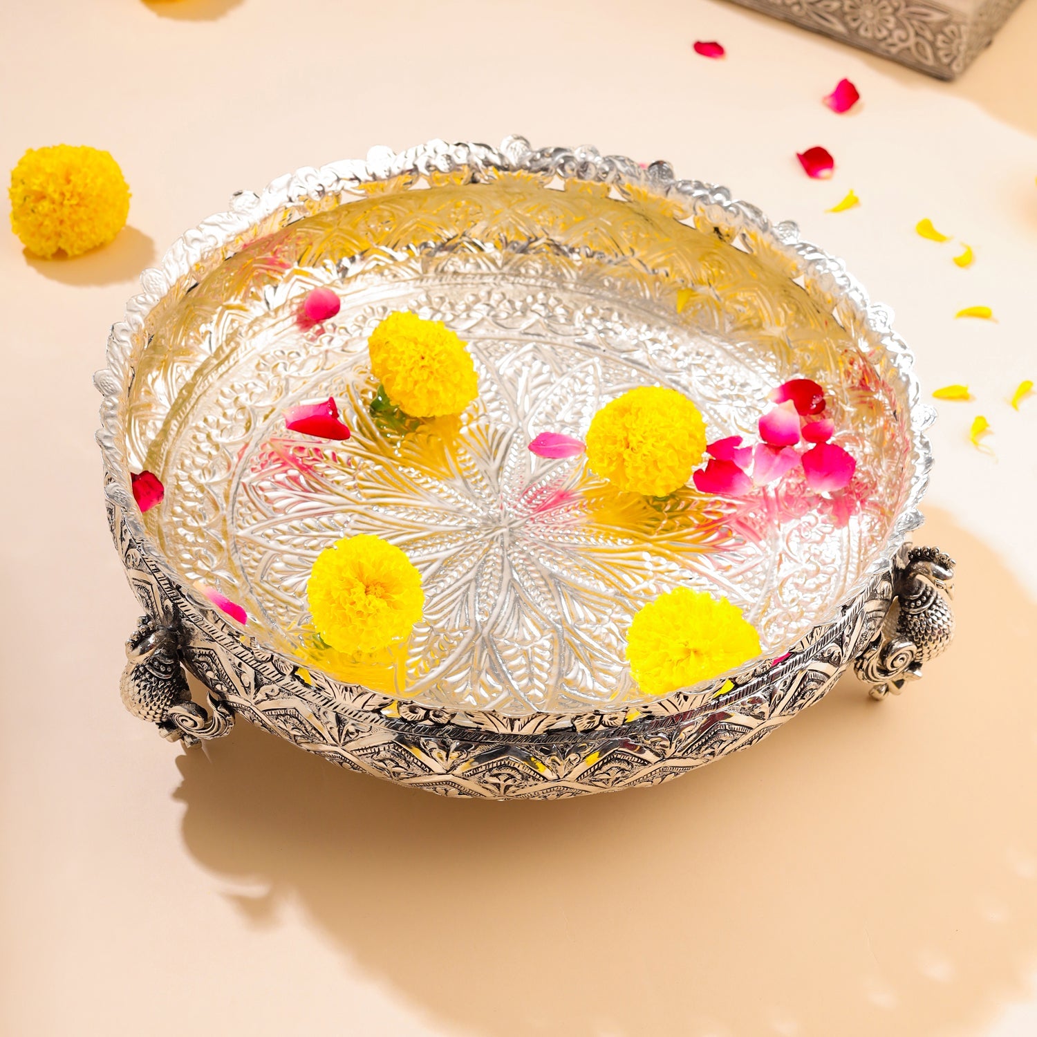 Silver-Plated Brass Peacock Urli Bowl With Floral Design (3.5 Inch)