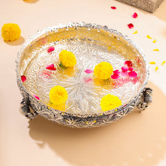 Silver-Plated Brass Peacock Urli Bowl With Floral Design (3.5 Inch)