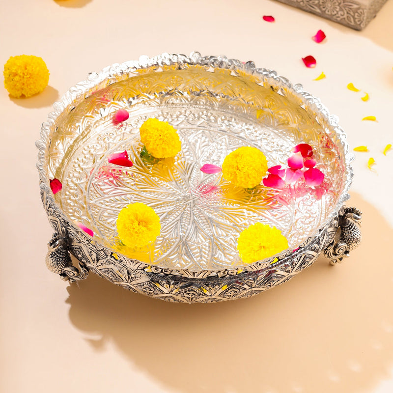 Silver-Plated Brass Peacock Urli Bowl With Floral Design (3.5 Inch)