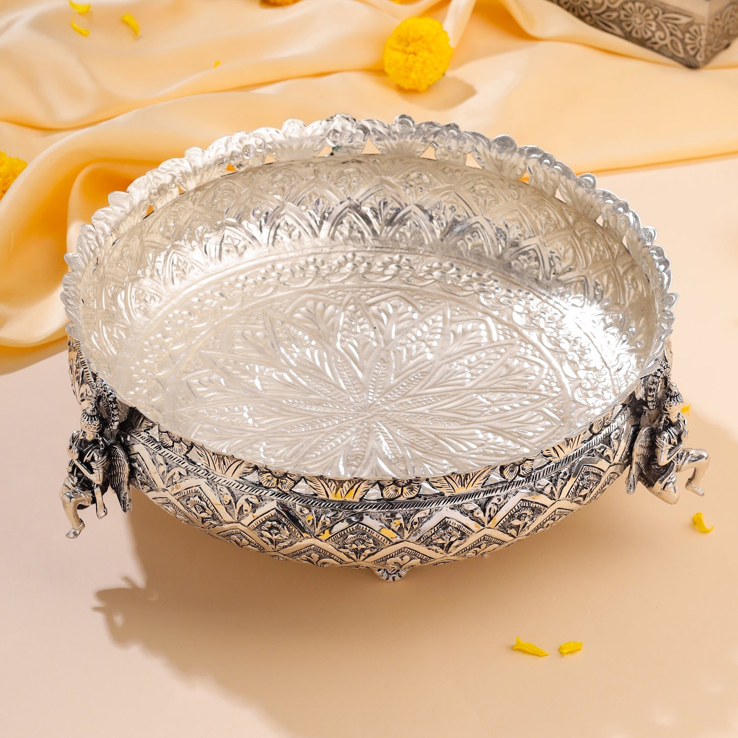 Silver-Plated Brass Peacock Urli Bowl With Floral Design (3.5 Inch)